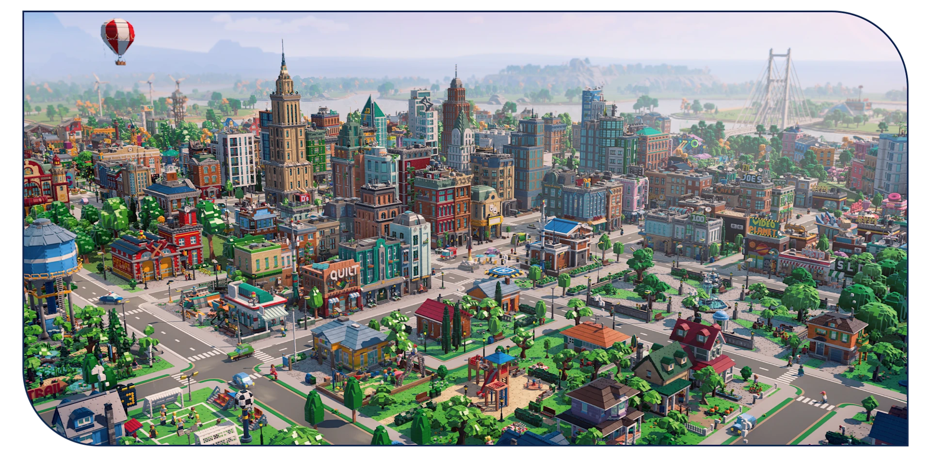 Official LEGO Skylines city overview showing roads, buildings, parks, and a bridge